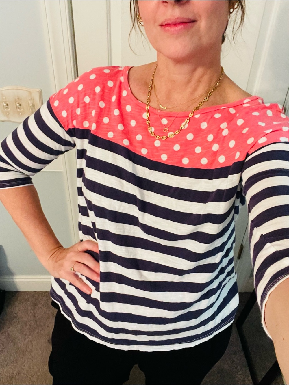 Boden Navy & Coral Polka Dot Long Sleeve Top